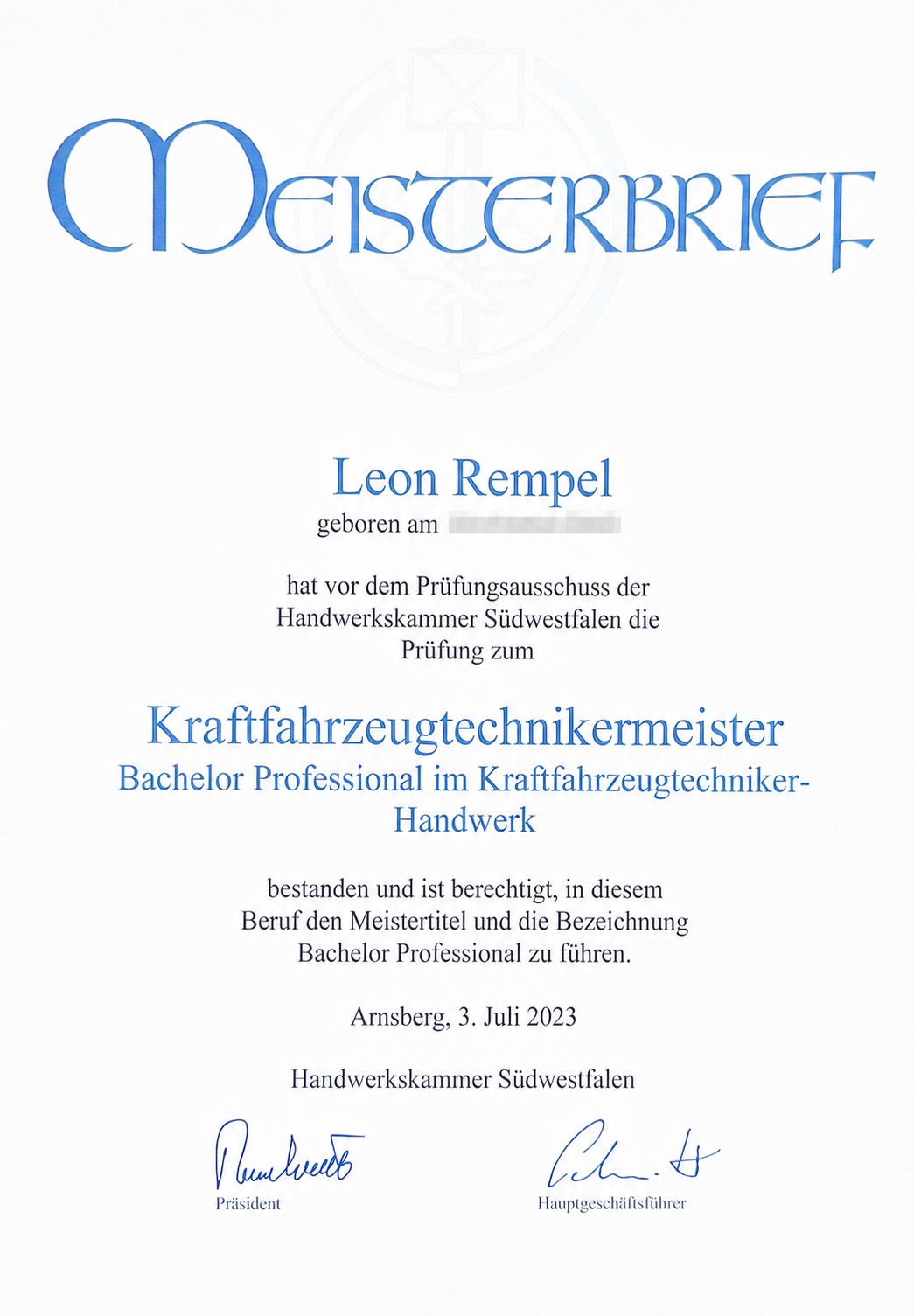 Meisterbrief Kraftfahrzeugtechnikermeister Leon Rempel