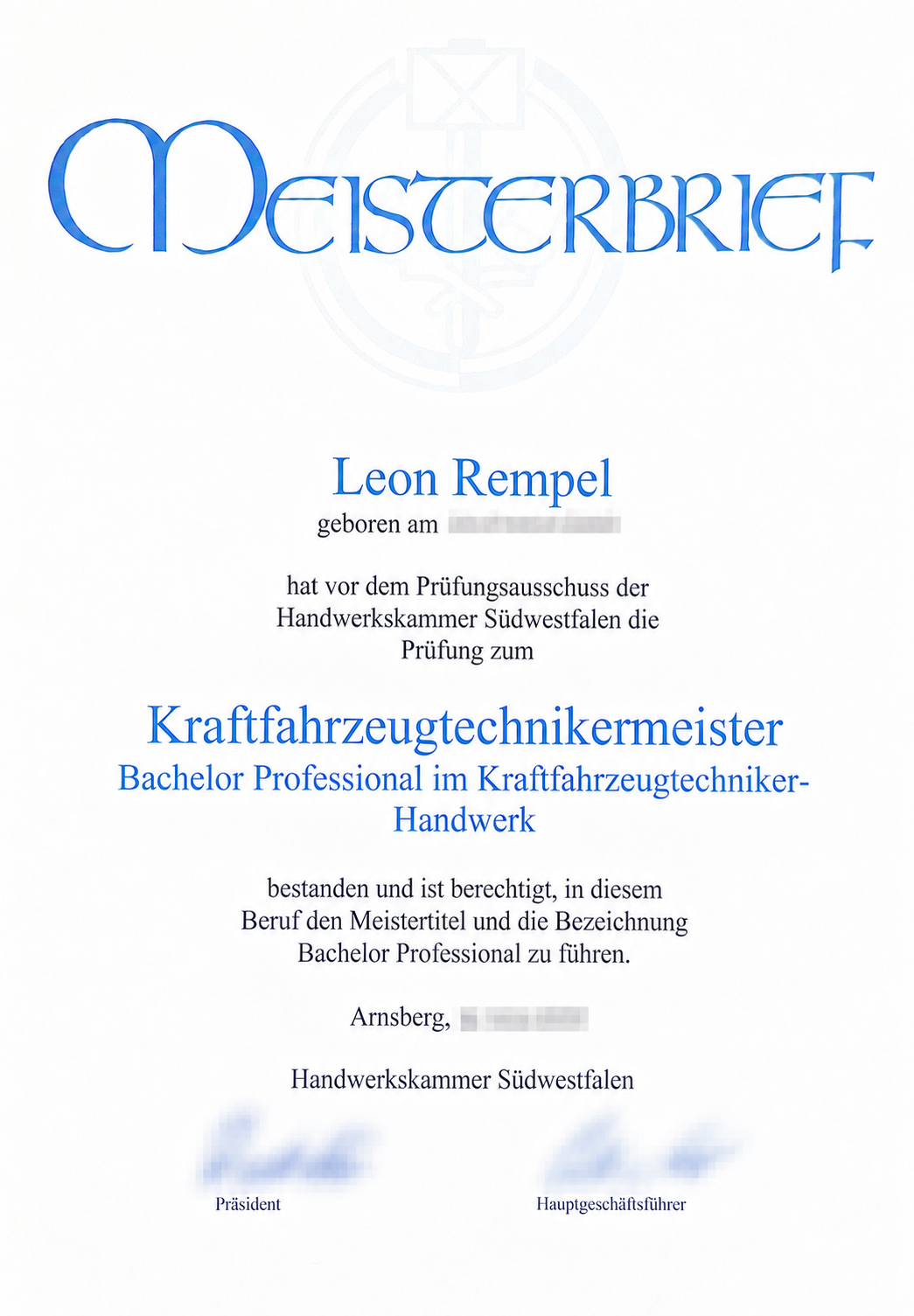 Meisterbrief Kraftfahrzeugtechnikermeister Leon Rempel